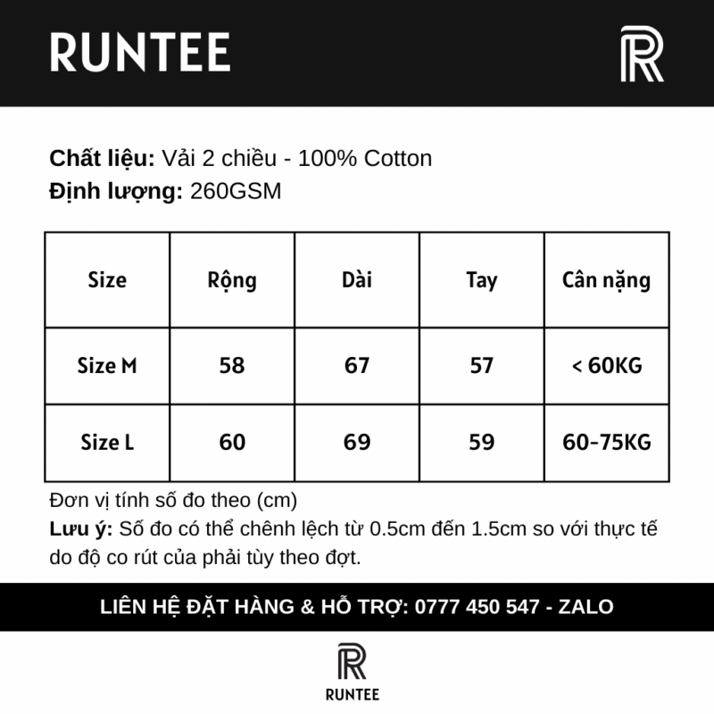 Bảng size RUNTEE Classic Zip Hoodie – Grey Edition